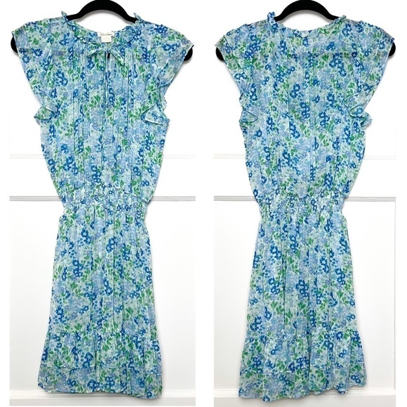 SHOSHANNA Floral Chiffon Smocked Waist Flutter Sleeve V-Neck Ruffle Mini Dress 8 - Picture 4 of 6